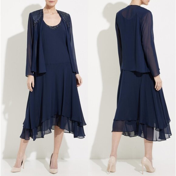 NWOT SLNY Embellished Scoop Neck Tiered Chiffon Midi cDress w/ Jacket in Navy - Picture 1 of 9